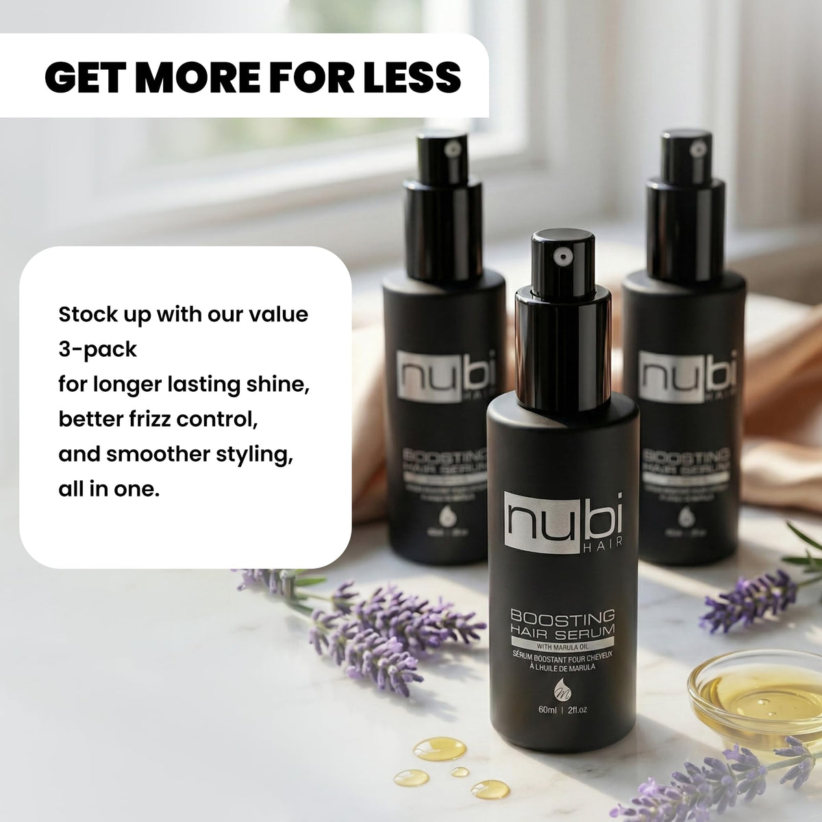 Before and after hair photo using Nubi Marula serum showing reduced frizz and shine