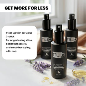 Before and after hair photo using Nubi Marula serum showing reduced frizz and shine