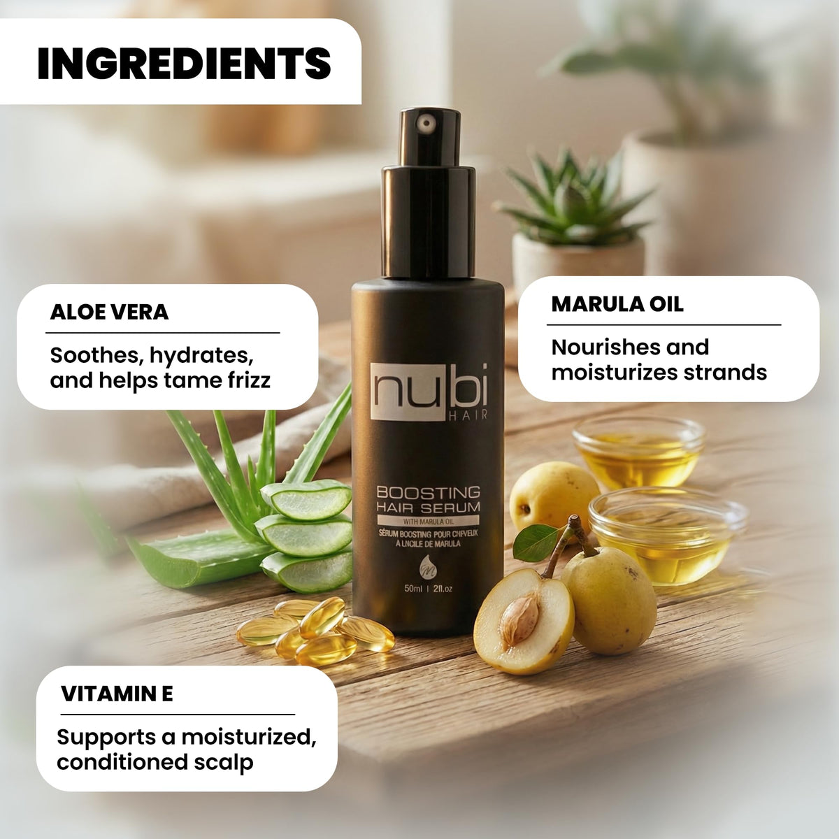 Nubi Marula serum pump dispensing smooth oil, demonstrating controlled application