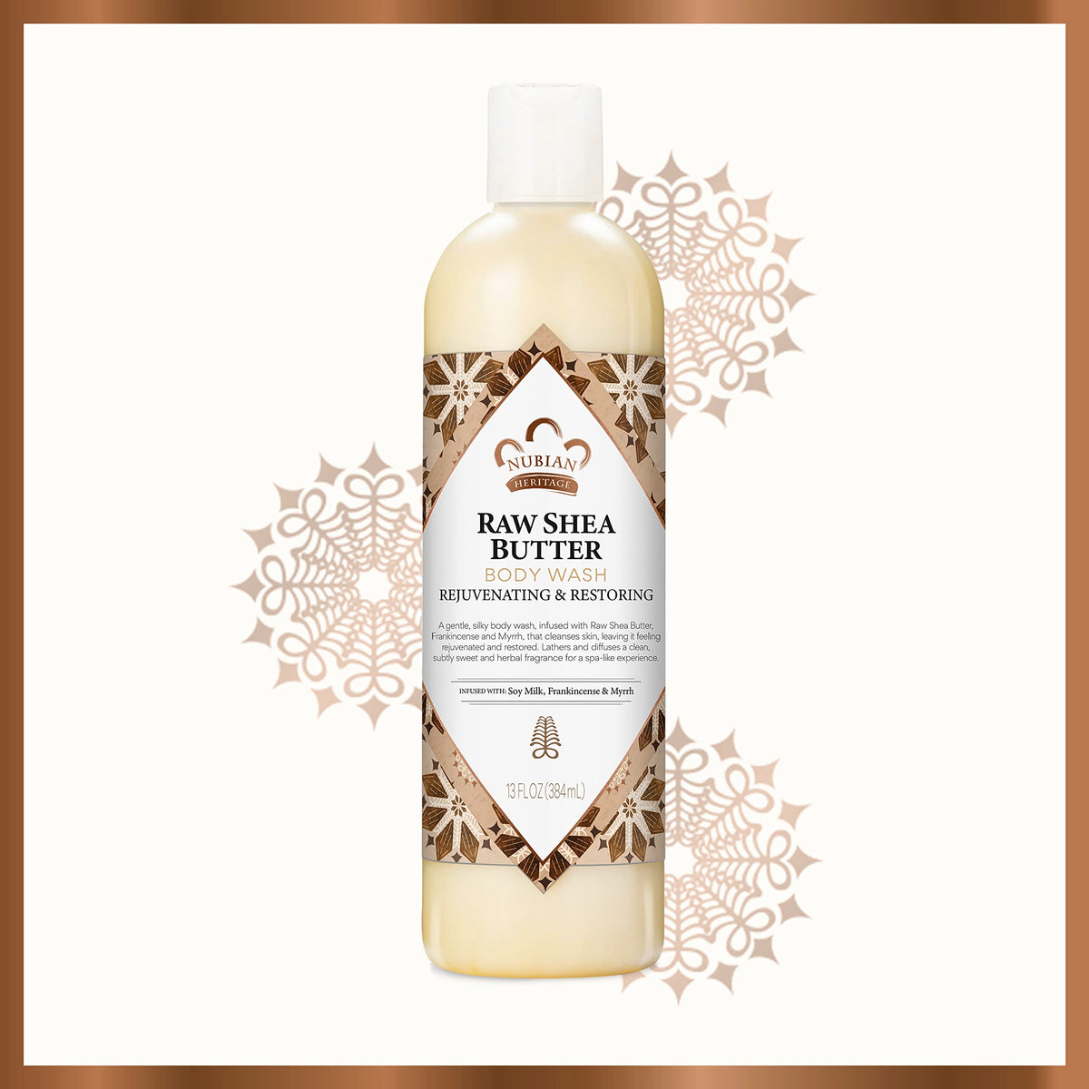Nubian Heritage body wash in bathroom scene conveying relaxing scent and daily routine benefit