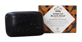 Nubian Heritage front packaging showing five black soap bars and brand benefits
