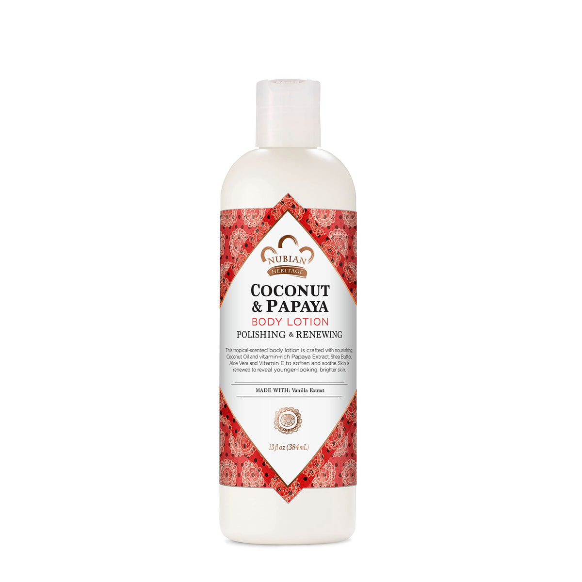 Nubian Heritage front packaging showing coconut and papaya scent and 13 oz size benefit