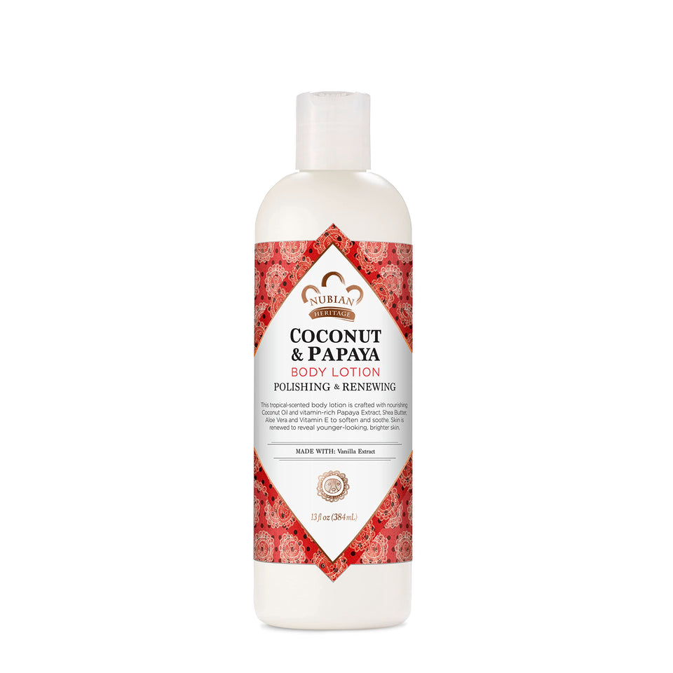Nubian Heritage front packaging showing coconut and papaya scent and 13 oz size benefit
