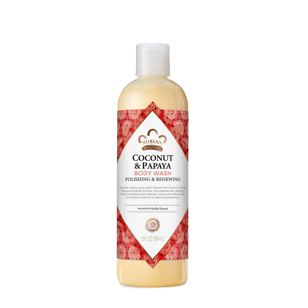Nubian Heritage front bottle view showing label and coconut papaya scent benefits