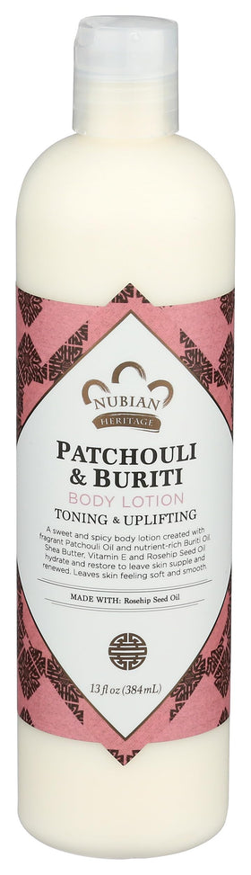 Nubian Heritage front bottle showing patchouli and buriti scent for soothing hydration