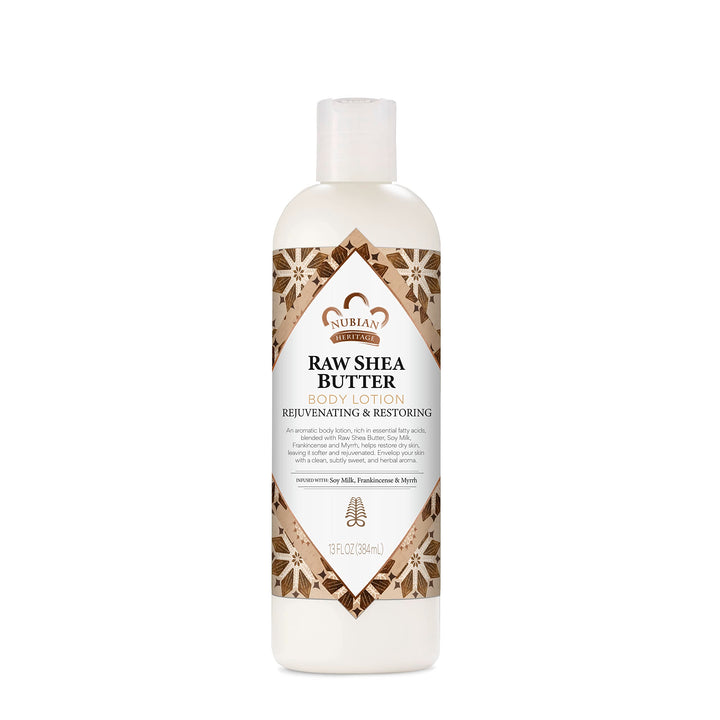 Nubian Heritage front bottle showing 13 oz raw shea lotion and clean-label benefit