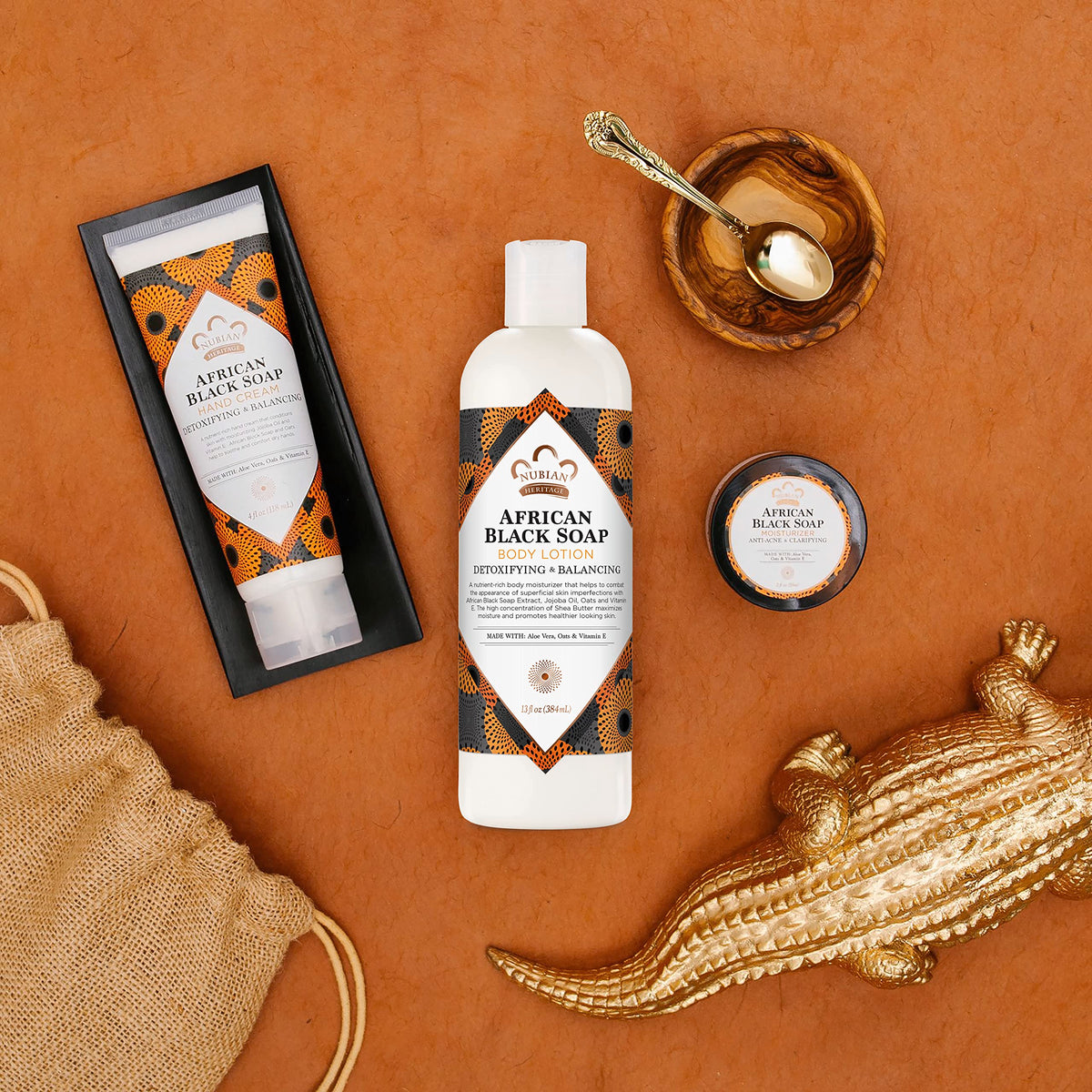 Nubian Heritage bottle styled on bathroom shelf suggesting daily routine benefit