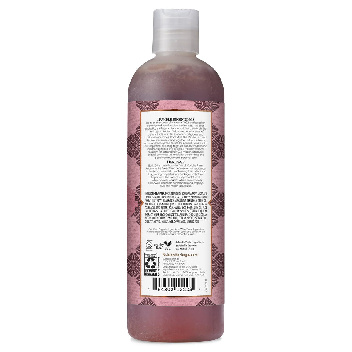 Nubian Heritage pump dispensing body wash, showing creamy texture and moisturizing benefit