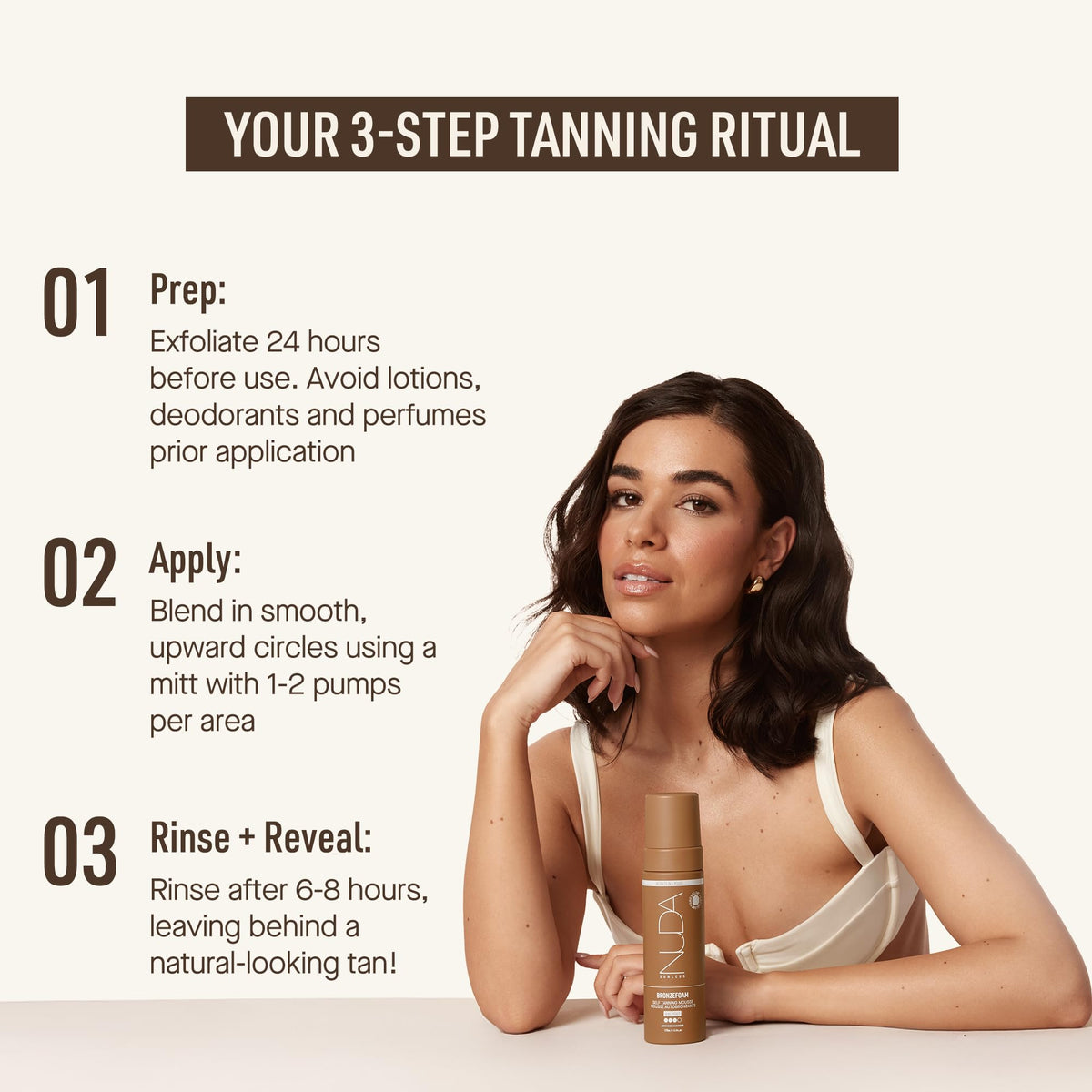 Nuda BronzeFoam label close-up highlighting niacinamide, bakuchiol, ceramides benefits