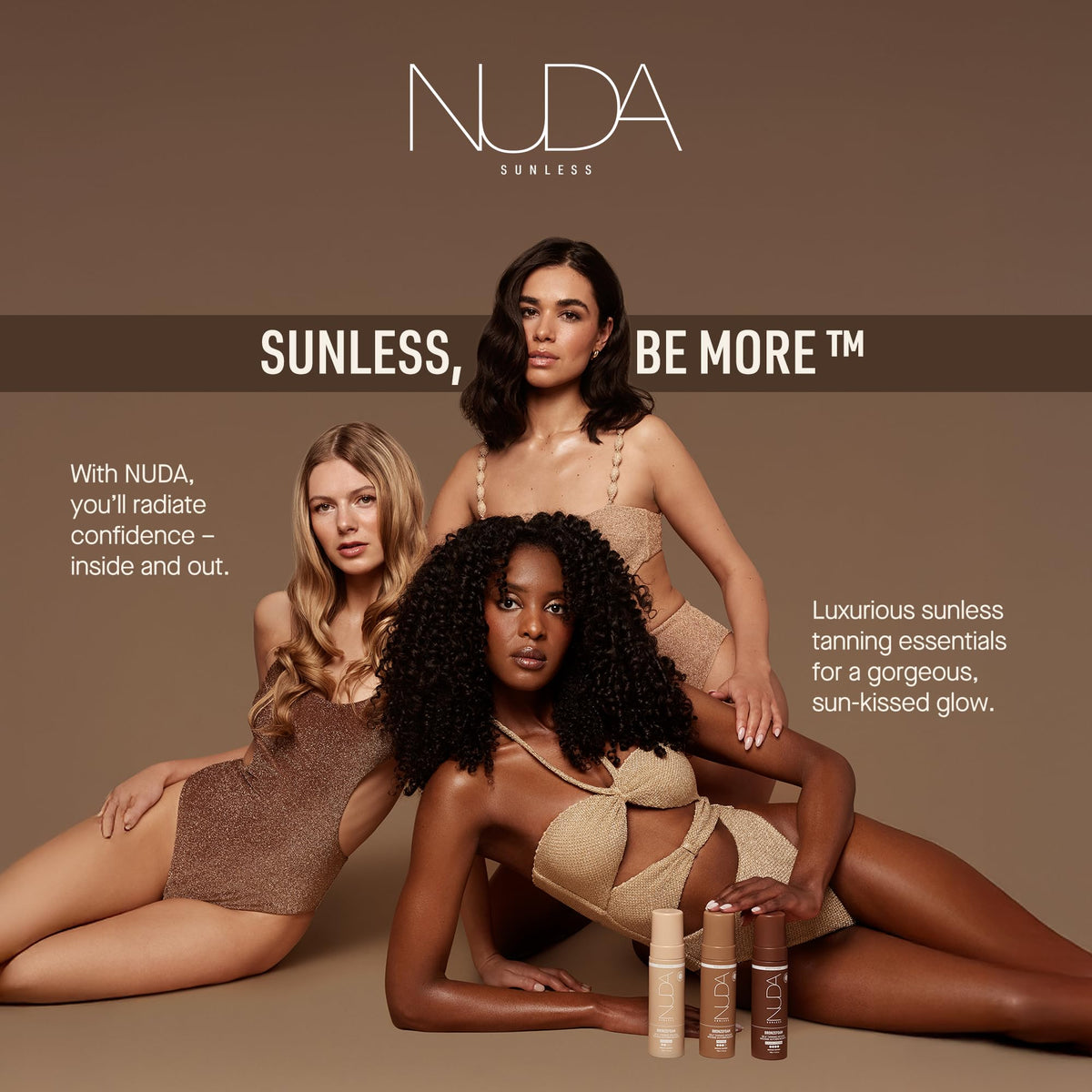 Nuda BronzeFoam in beach bag lifestyle scene implying ready-to-go bronzed glow