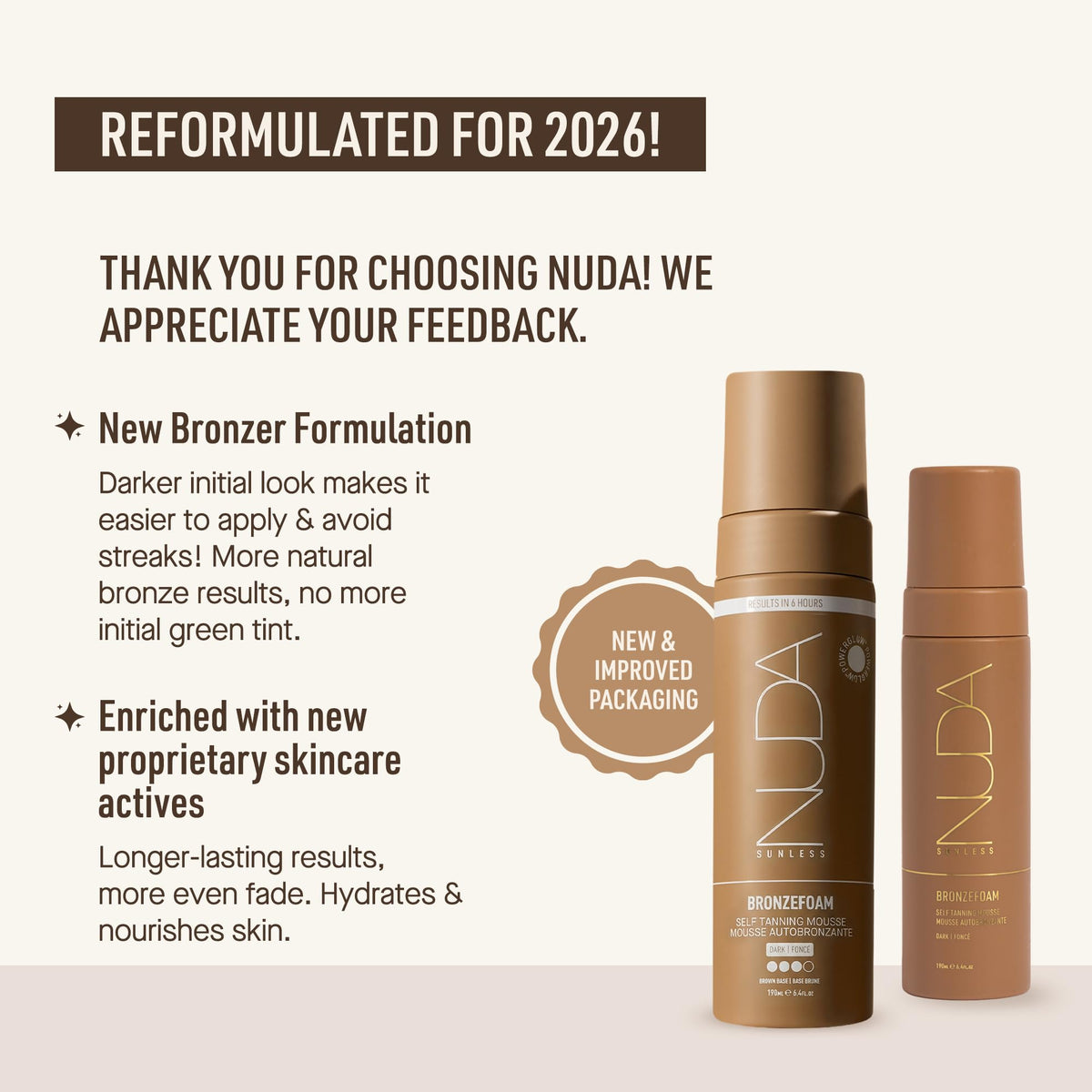 Nuda BronzeFoam mousse dispensed on mitt showing lightweight texture and easy blending