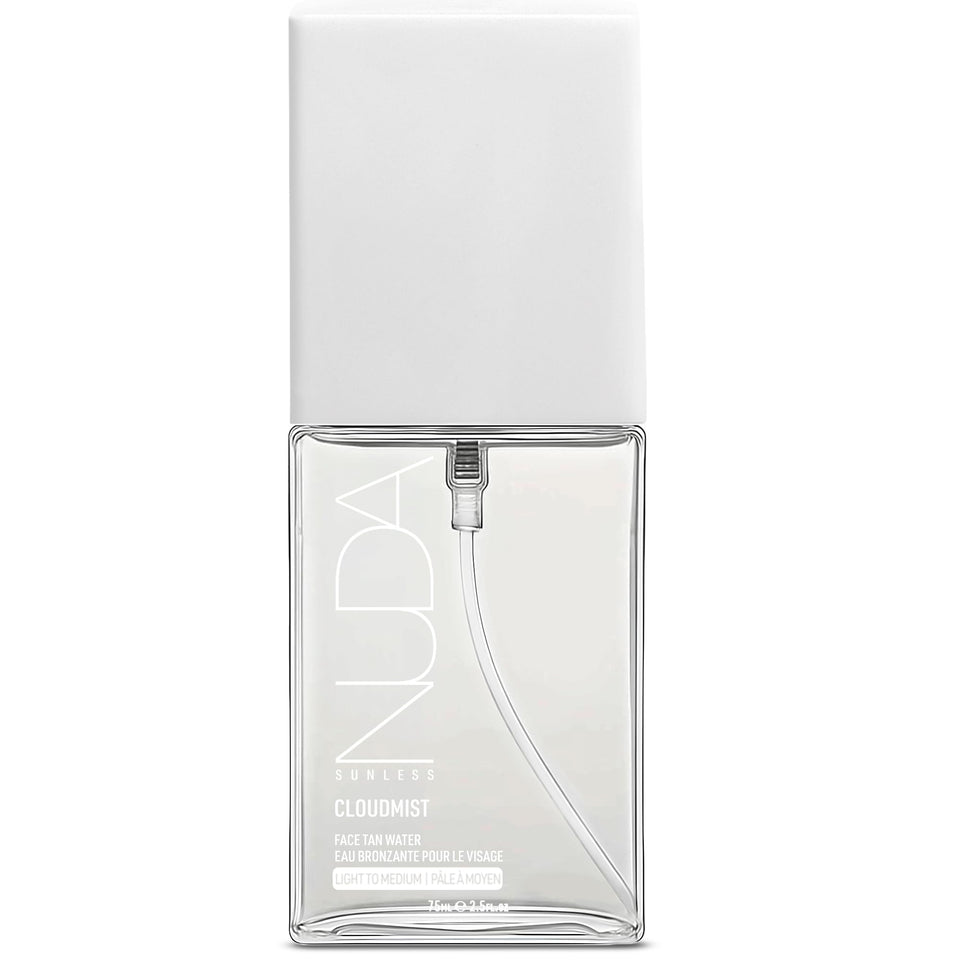 Nuda CloudMist face tan water front packaging showing compact bottle and branding benefit travel-ready