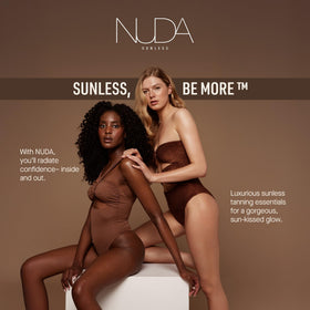 Nuda CloudMist travel size next to toiletry bag showing portability and on-the-go glow benefit