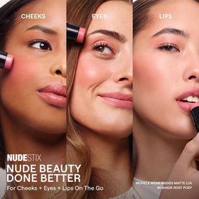 Nudestix Nudies Matte Lux on eyelids illustrating crease-free color benefit