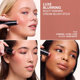 Nudestix Nudies Matte Lux open tin with stick highlighting travel convenience