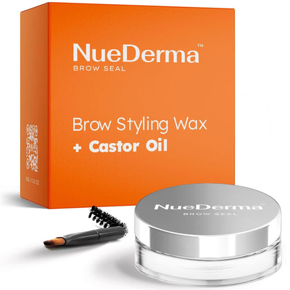 NueDerma jar front view showing clear brow gel and label, delivers long-lasting hold