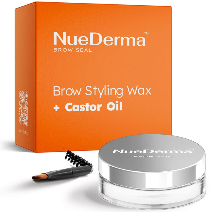NueDerma jar front view showing clear brow gel and label, delivers long-lasting hold