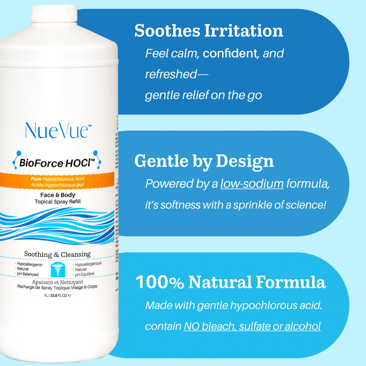 NueVue clear solution close-up highlighting texture and purity, gentle on skin