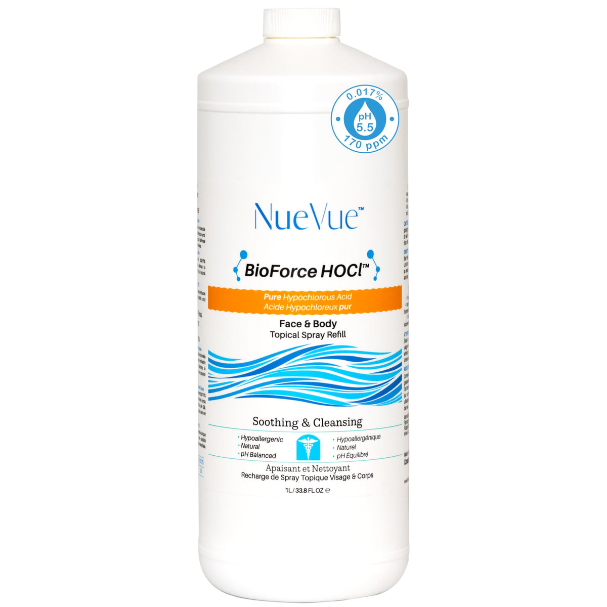 NueVue refill bottle front label showing product name and size, clear reassurance