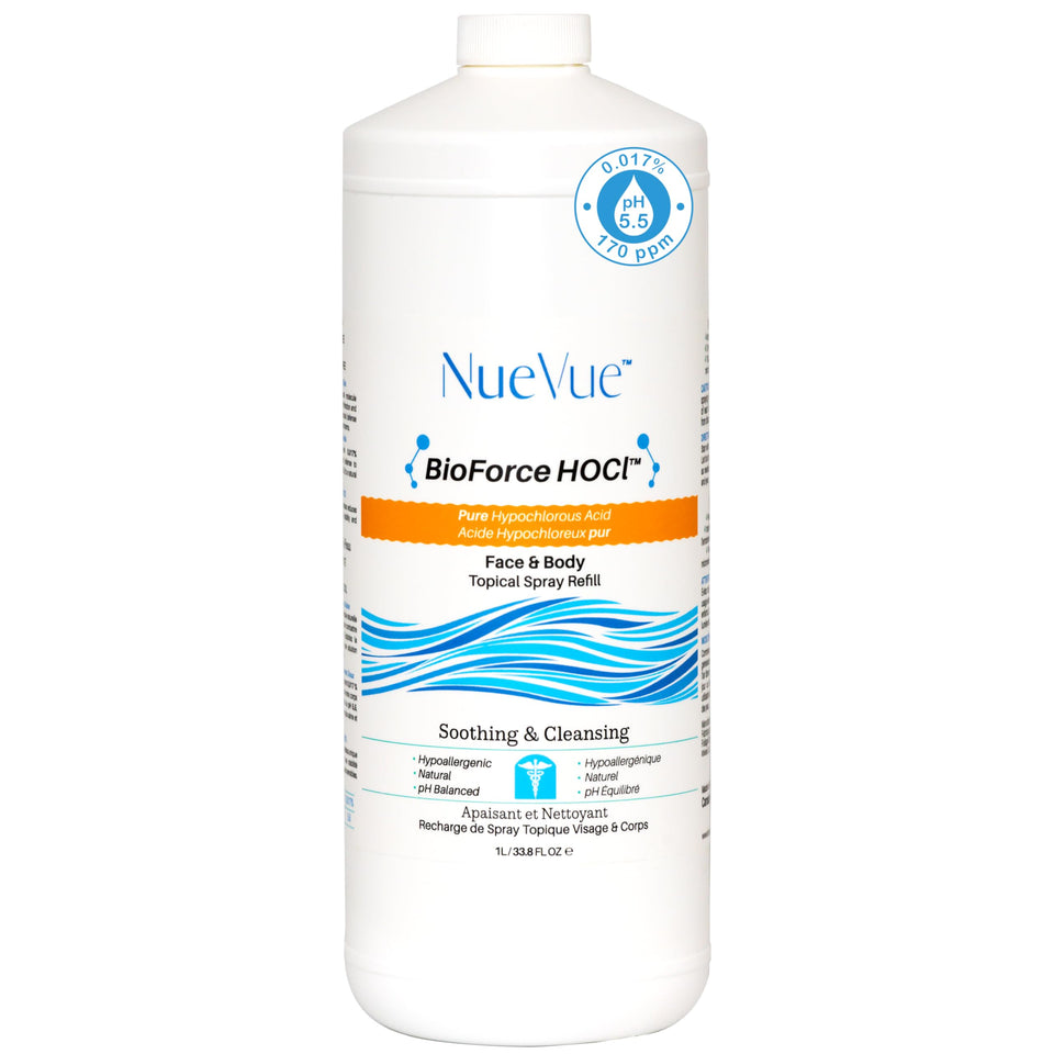 NueVue refill bottle front label showing product name and size, clear reassurance