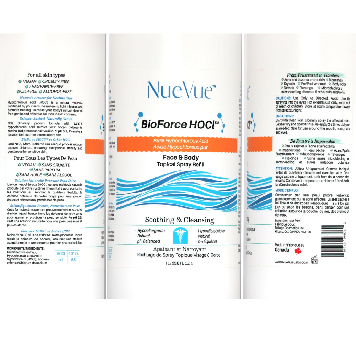 NueVue bottle on bathroom shelf in lifestyle scene, integrates into routine