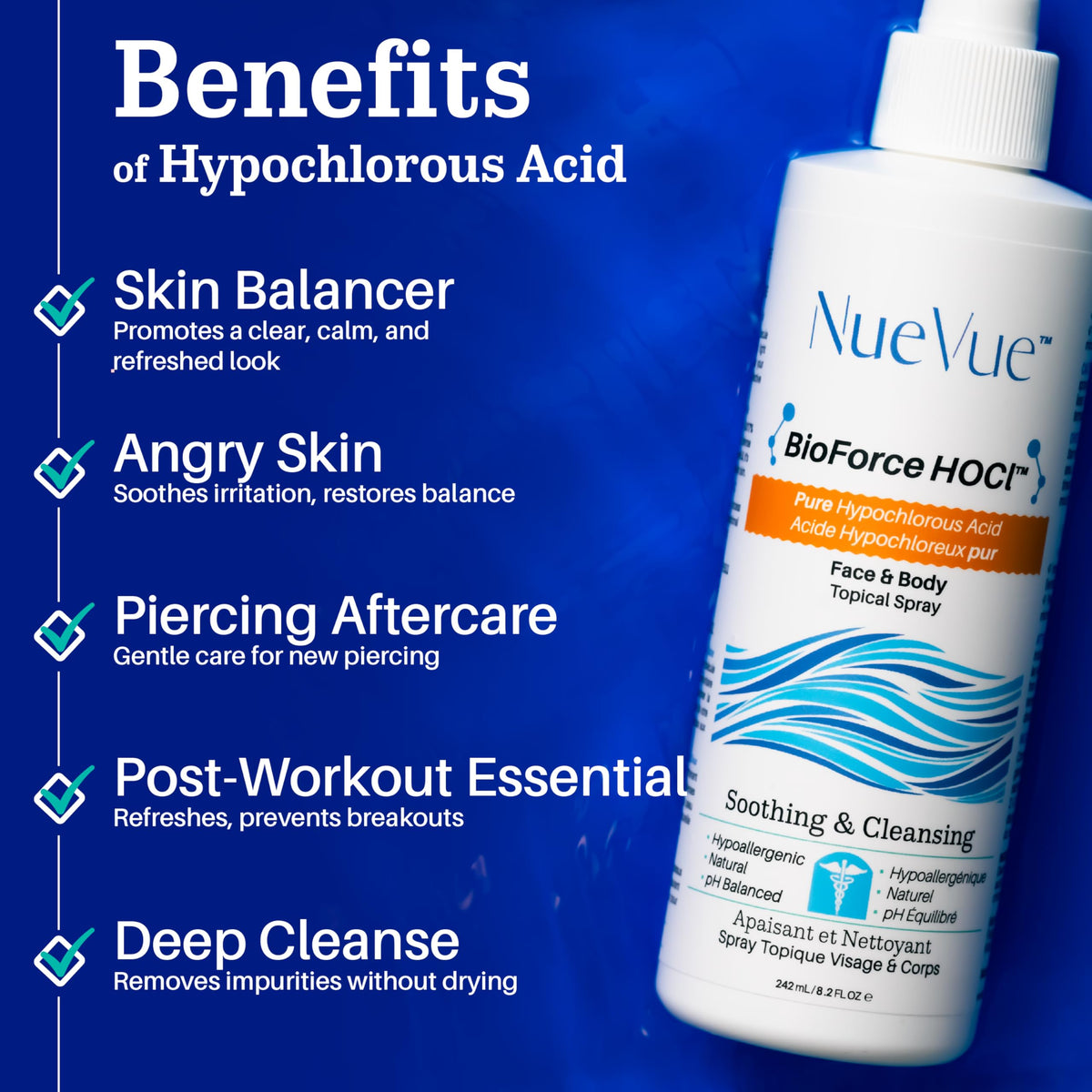 NueVue label detail highlighting pH balance and gentle formulation benefits
