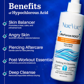 NueVue label detail highlighting pH balance and gentle formulation benefits