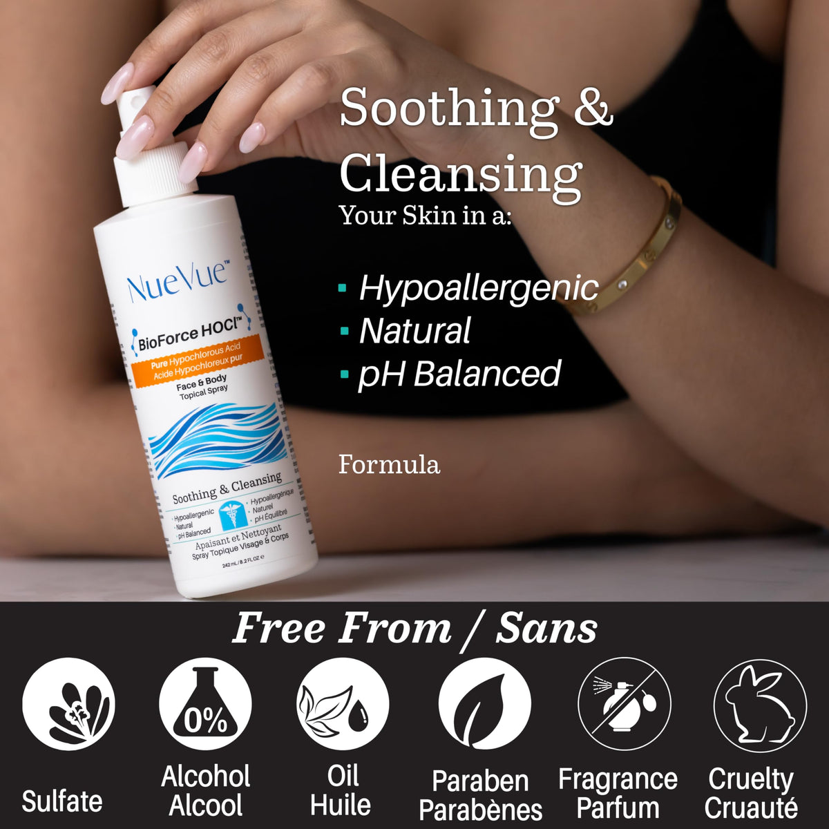 NueVue application on face illustrating soothing refresh after cleansing