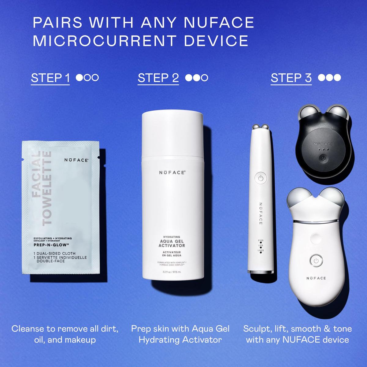 NuFACE product label close-up showing ingredients and safe formulation benefit