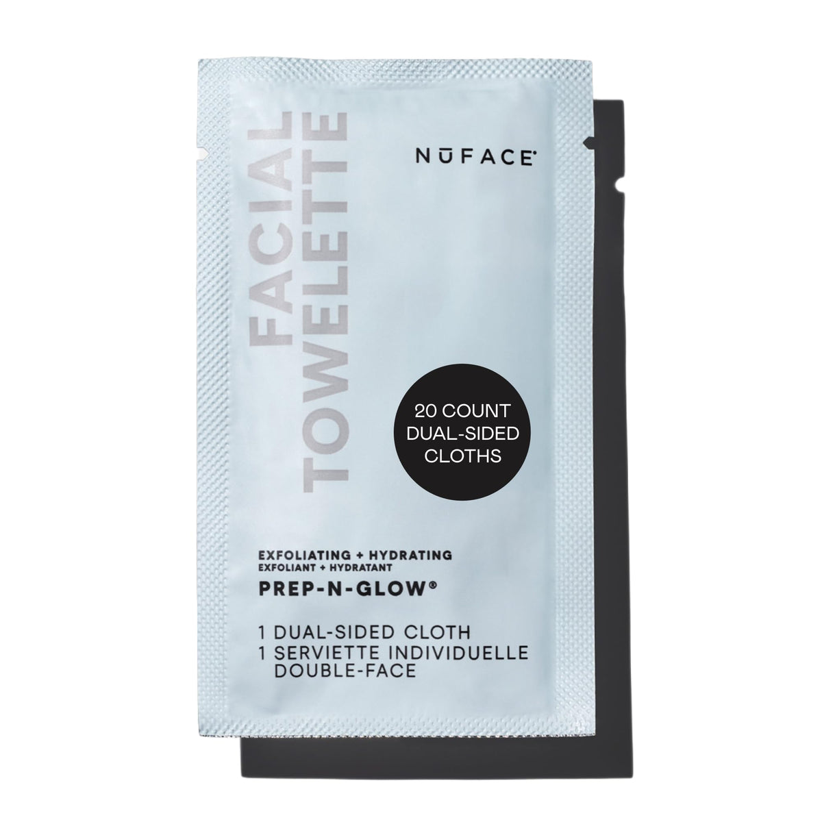 NuFACE front packaging showing 20 individually wrapped glow wipes for travel convenience