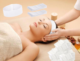 Nujzuir headband worn by model in spa setting keeping hair away