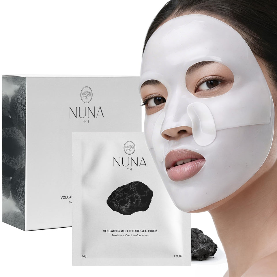NUNA front packaging showing seven volcanic ash hydrogel sheets and benefits