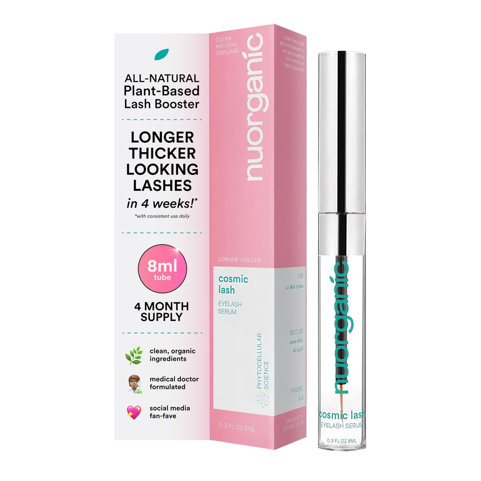 NuOrganic Cosmic Lash front packaging showing bottle and label, highlights clean formulation