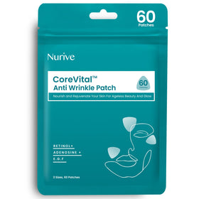 NURIVE front packaging showing 60-count sleep wrinkle patches and clear benefits