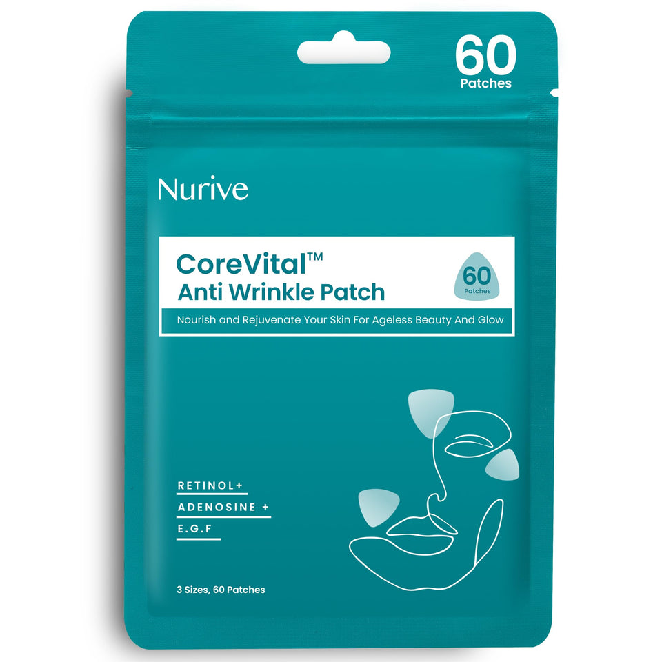 NURIVE front packaging showing 60-count sleep wrinkle patches and clear benefits