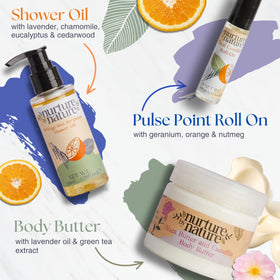 Nurture by Nature bath salts in bowl with spoon, soothes muscles and encourages rest