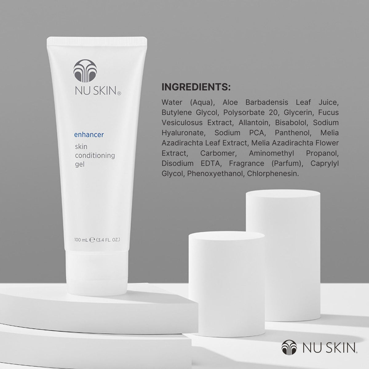 Nu Skin tube next to ruler showing 3.4 fl oz size and portable packability benefit