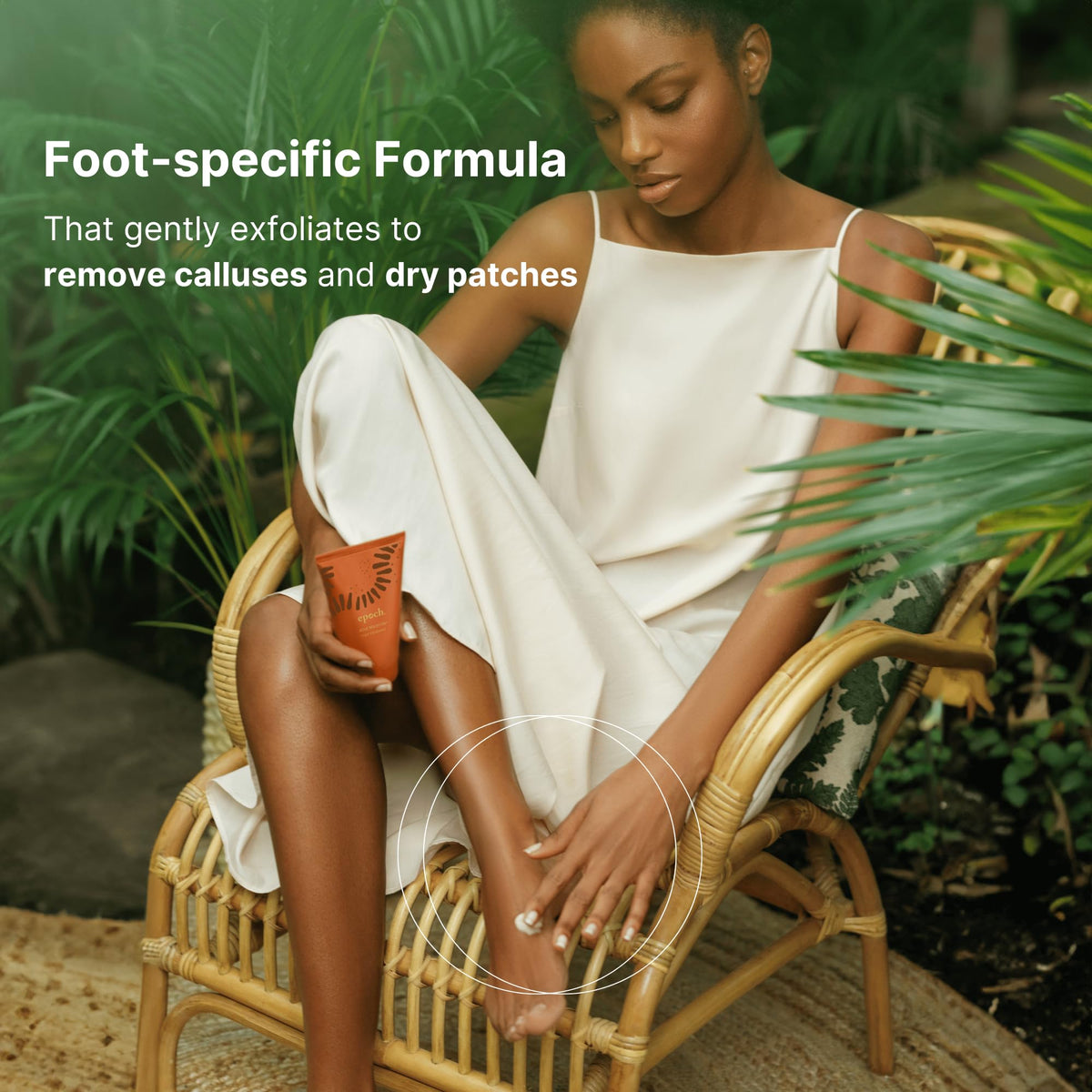 Nu Skin Epoch Sole Solution applied to heel demonstrating softened skin benefit