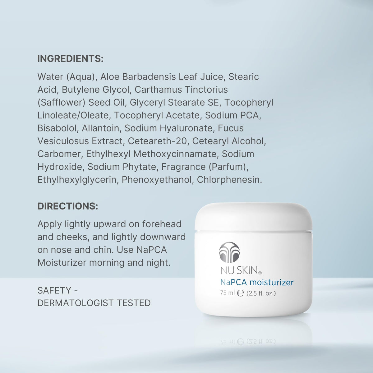 Nu Skin NaPCA Moisturizer applied on hand illustrating quick absorption benefit