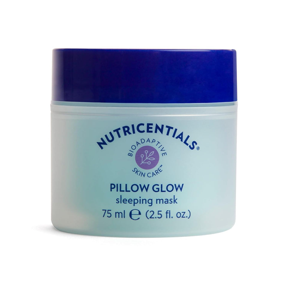 Nu Skin pillow glow front packaging showing jar and branding with clear benefit