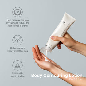 Nu Skin pump dispensing lotion onto hand emphasizing easy application and controlled use