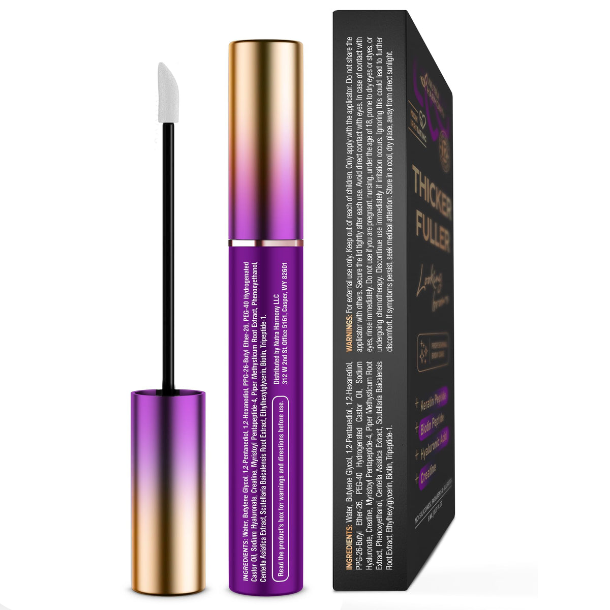 NUTRAHARMONY serum next to makeup kit showing compatibility with cosmetics benefit