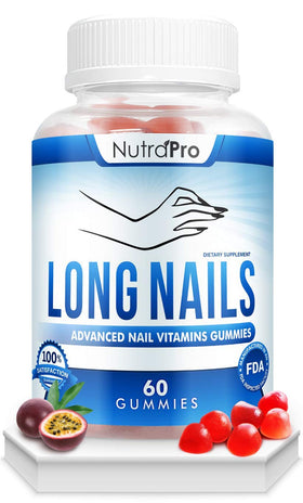 NutraPro front bottle of nail growth gummies showing label and packaging benefit