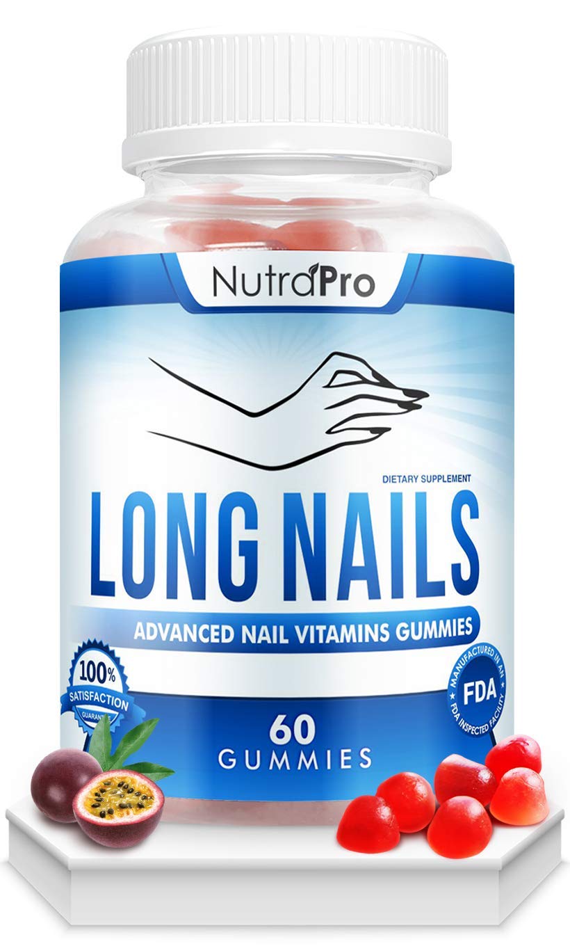NutraPro front bottle of nail growth gummies showing label and packaging benefit