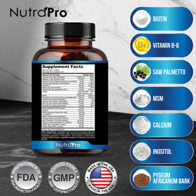NutraPro MenGrowth on bathroom shelf styled with grooming items suggesting routine support