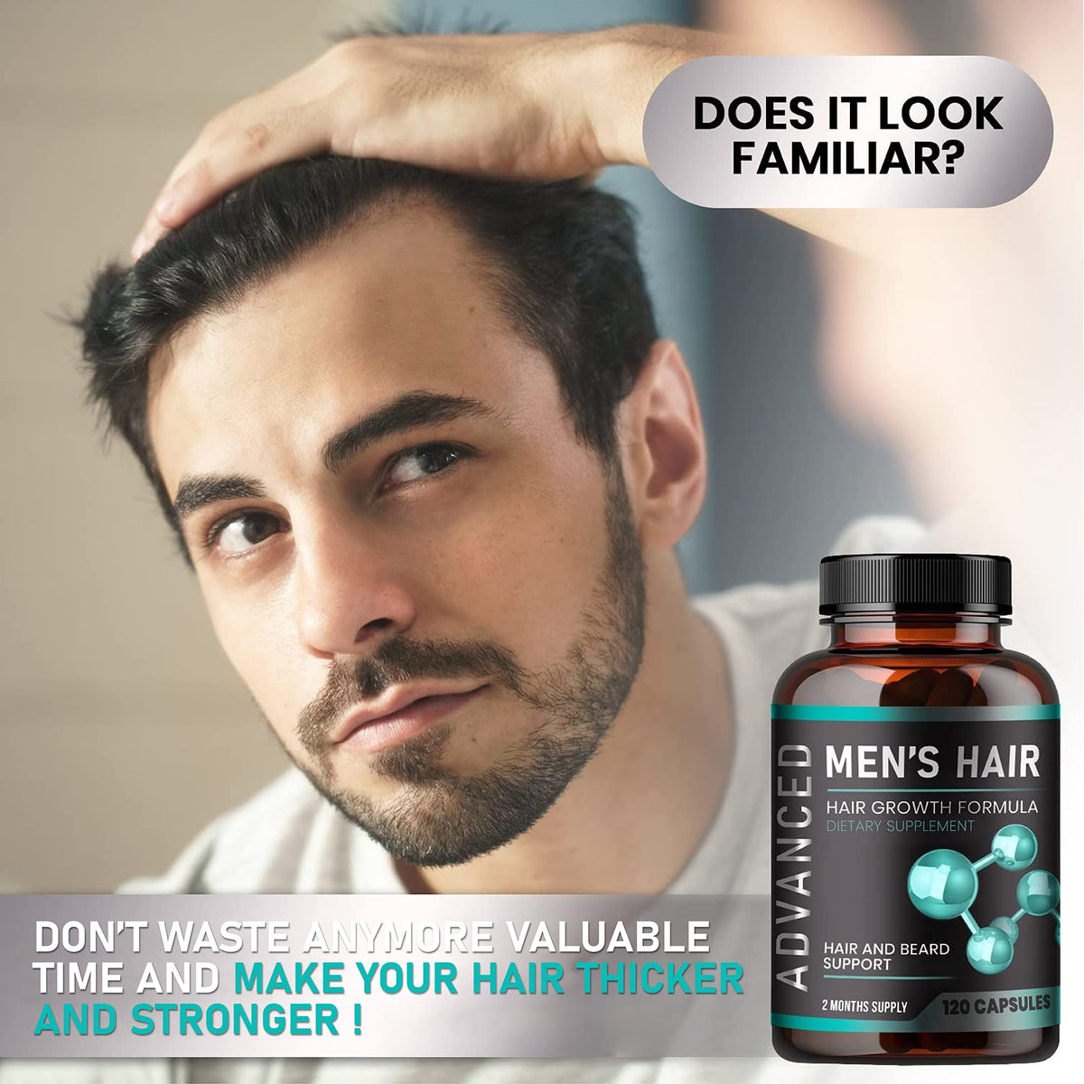 NutraPro bottle pictured with beard grooming items representing beard and hair support