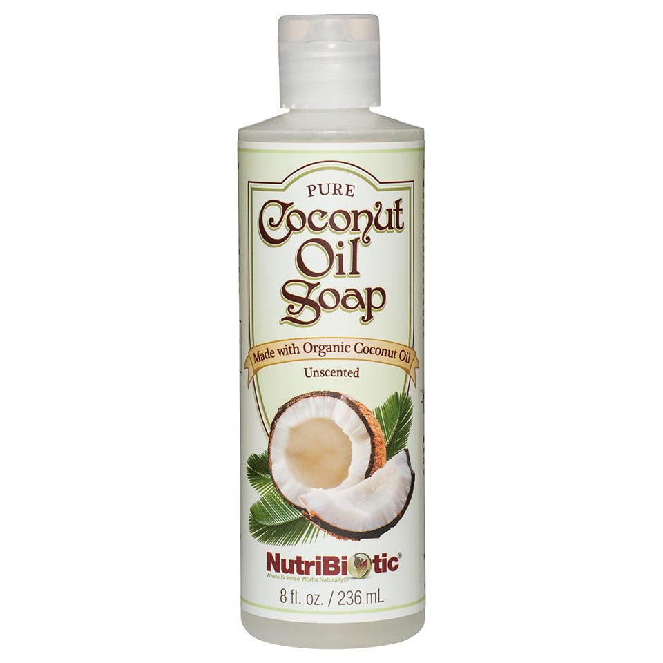 NutriBiotic coconut oil soap front packaging showing organic seal and 8 oz benefit