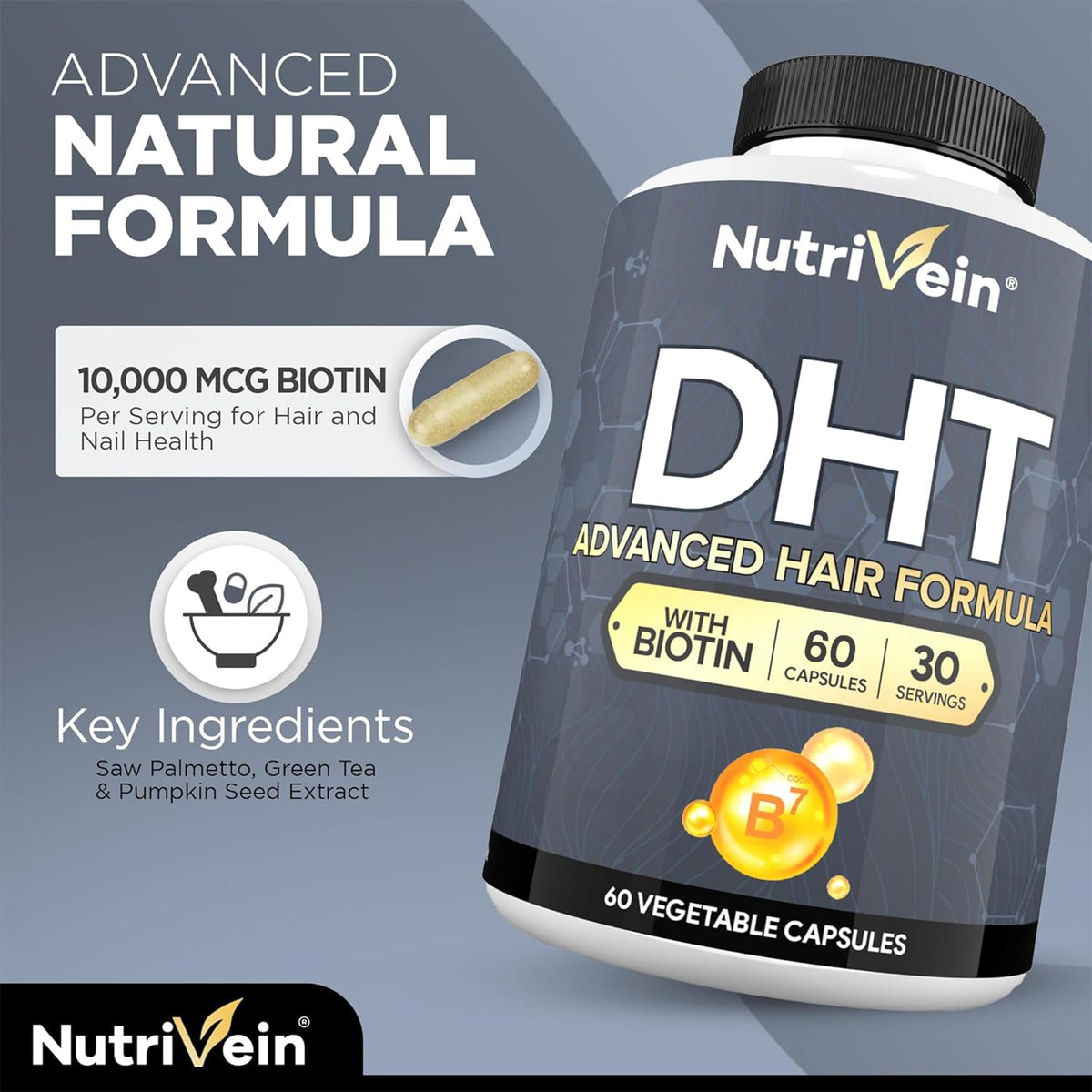 Nutrivein ingredient mix flatlay showing biotin, saw palmetto and pumpkin seed