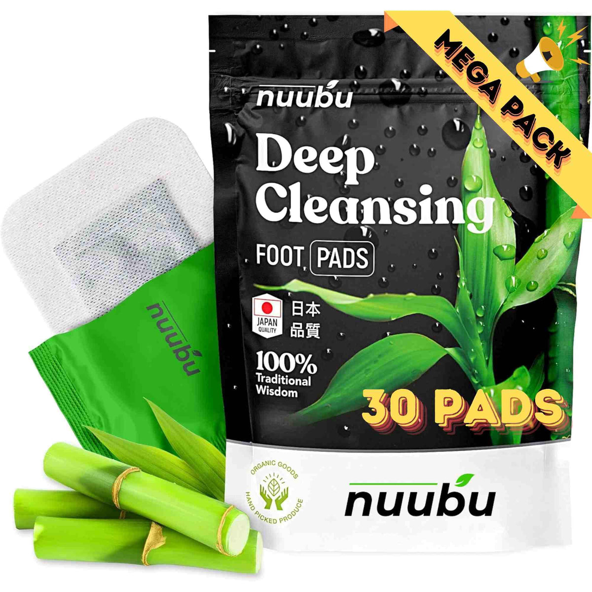 Nuubu foot pads front packaging showing 30-pack and natural ingredients benefits