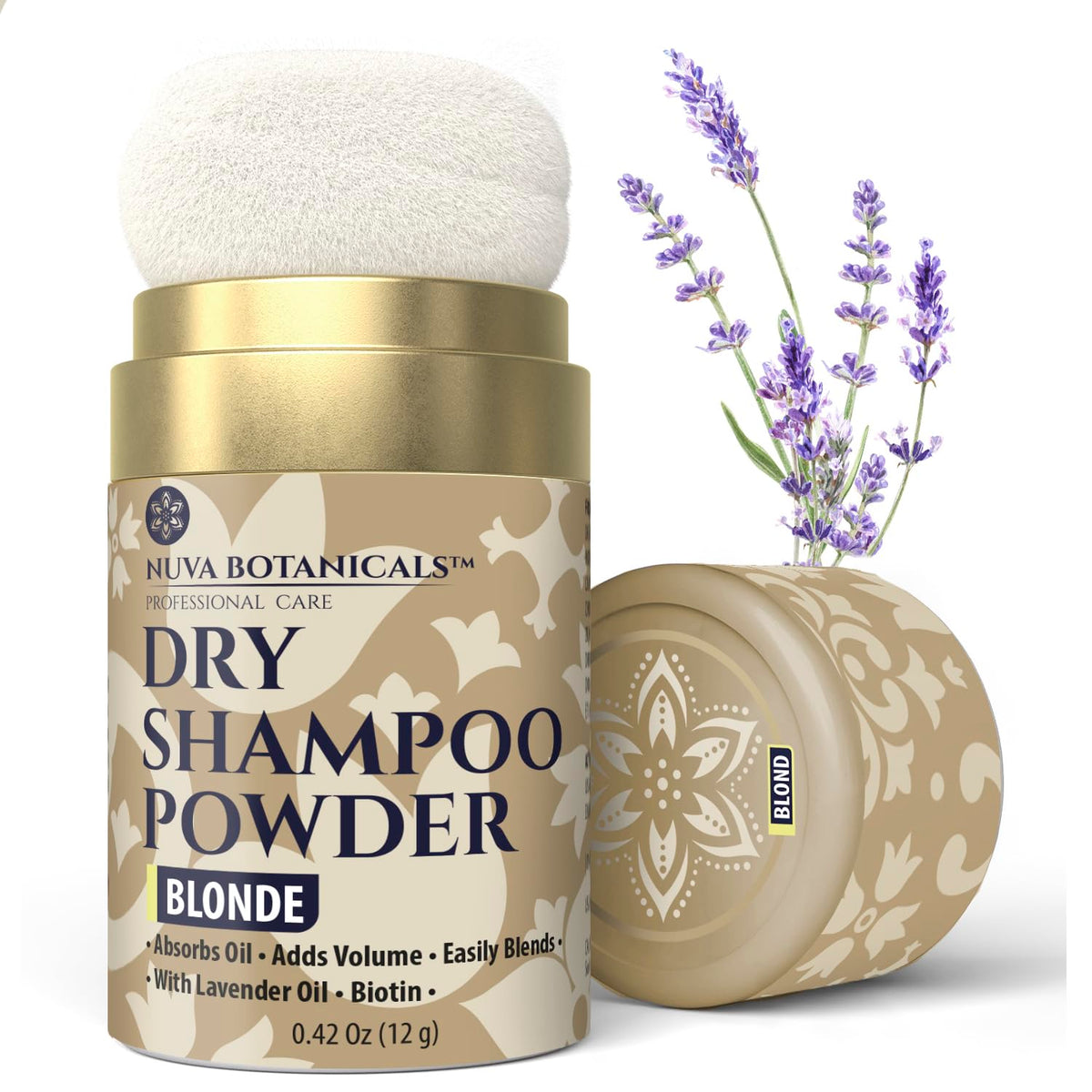 Nuva Botanicals front packaging showing compact travel dry shampoo and benefits